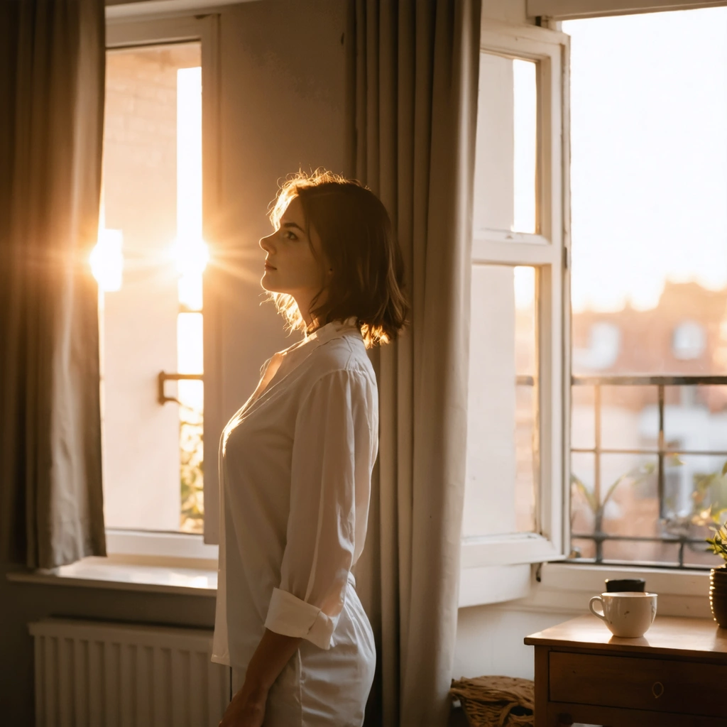 Une femme profite de la lumiere naturelle du matin pres d une fenetre ouverte pour bien commencer sa journee