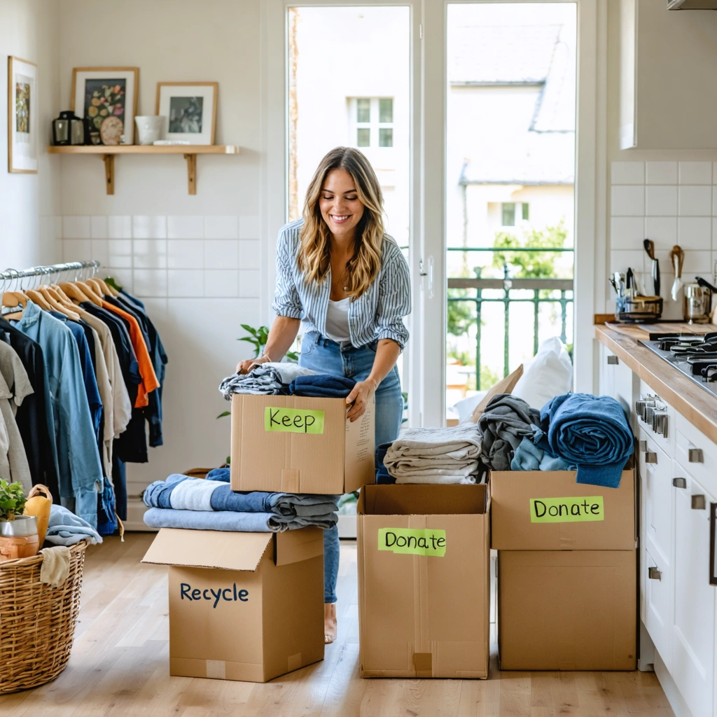 Une femme souriante trie des objets dans une maison lumineuse et bien rangée, avec des paniers, des vêtements pliés et des cartons pour donner ou recycler.