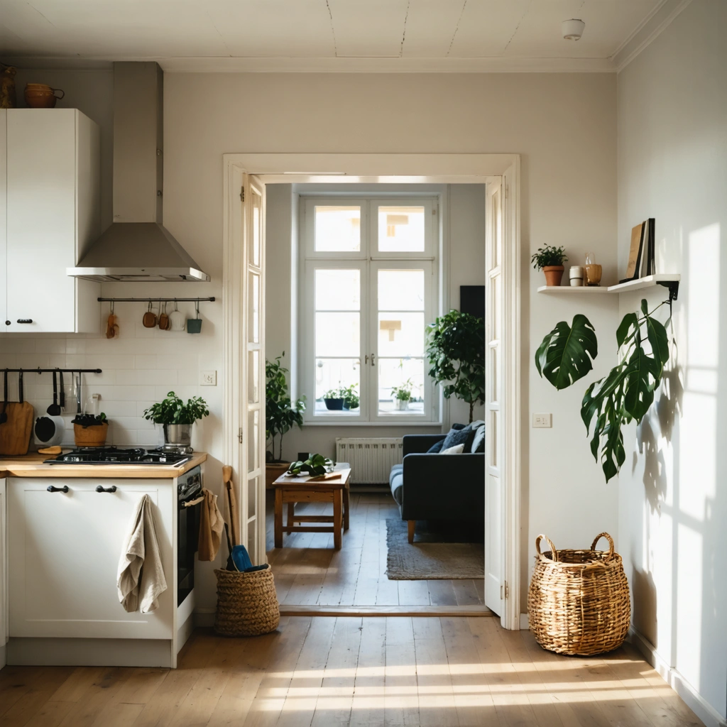 Intérieur de maison propre et bien rangé avec cuisine et salon lumineux, donnant une impression d'ordre simple et apaisant