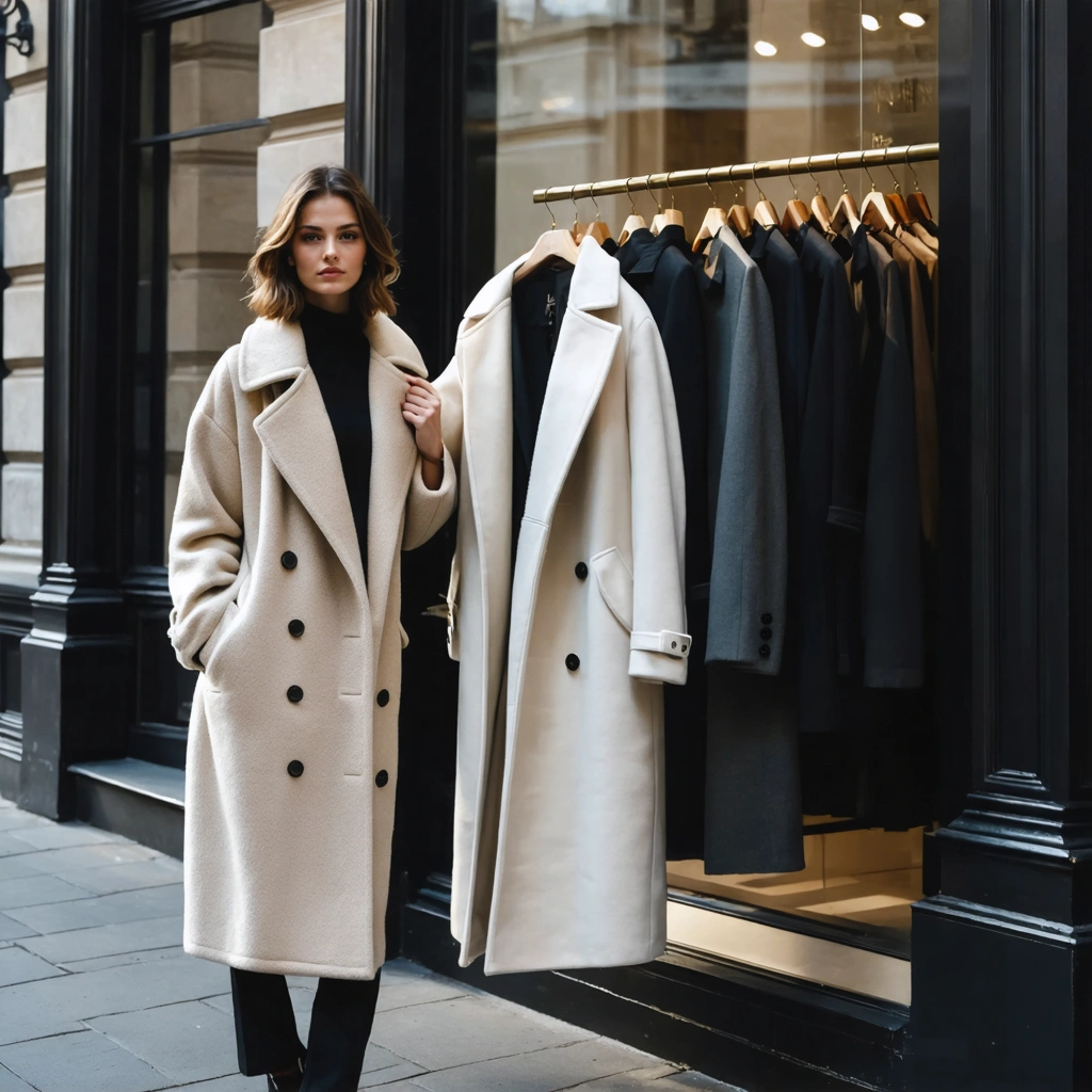Femme essayant un manteau d’hiver élégant en ville pour choisir une coupe adaptée à sa stature