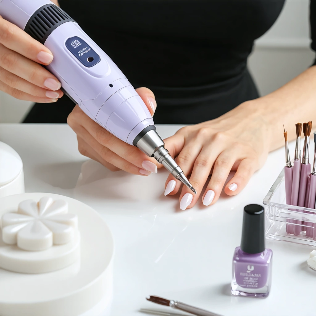 Gros plan réaliste sur une manucure russe réalisée à la maison avec une ponceuse à ongles, des embouts fins et des produits de pose soigneusement disposés sur une table