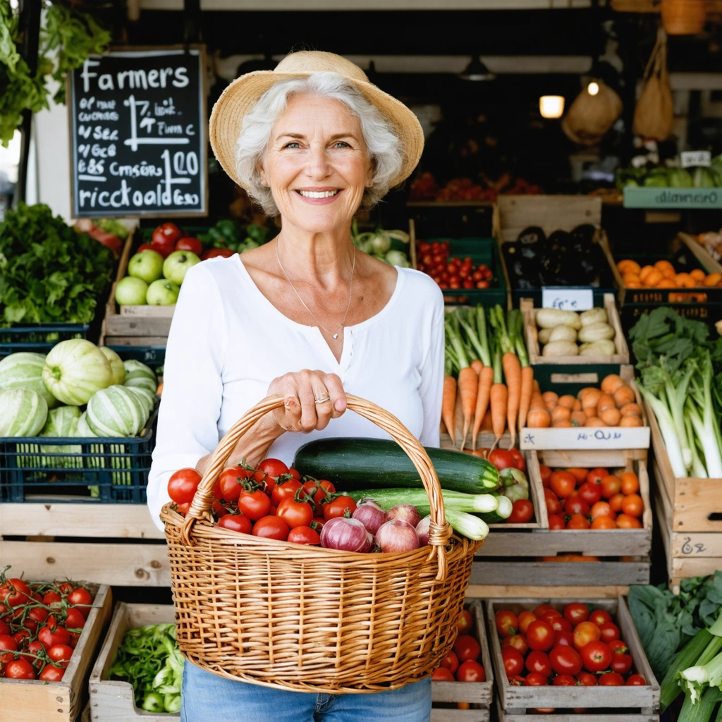 Une femme souriante fait ses courses sur un marche local avec un panier rempli de fruits et legumes de saison.