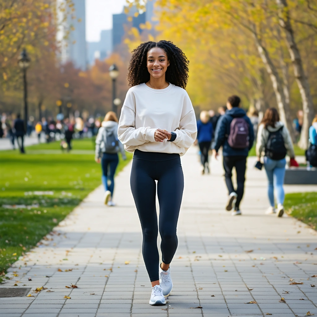 Une femme marche d’un pas dynamique dans un parc urbain en regardant sa montre connectee, dans une ambiance realiste axee sur la perte de poids par la marche.