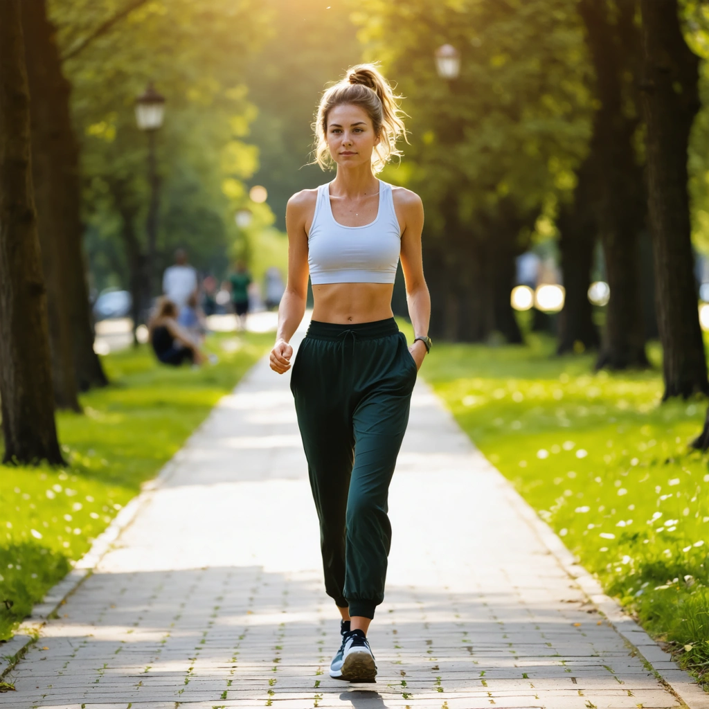 Une femme marche d’un pas rapide dans un parc urbain au petit matin, avec une expression apaisée et énergique, illustrant les bienfaits de la marche sur la sante mentale.