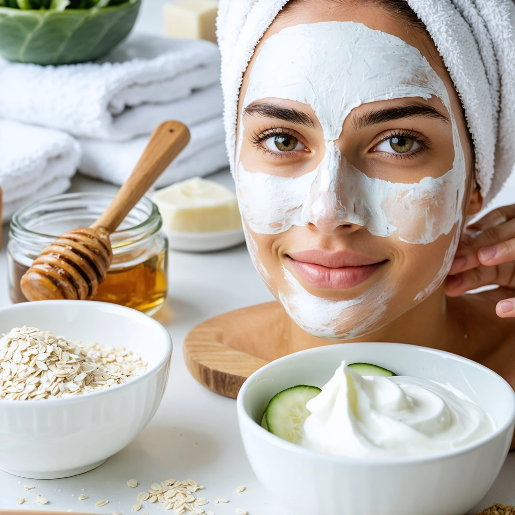 Femme preparant un masque visage maison pour peau grasse avec argile, miel, yaourt, avoine et concombre dans une salle de bain lumineuse