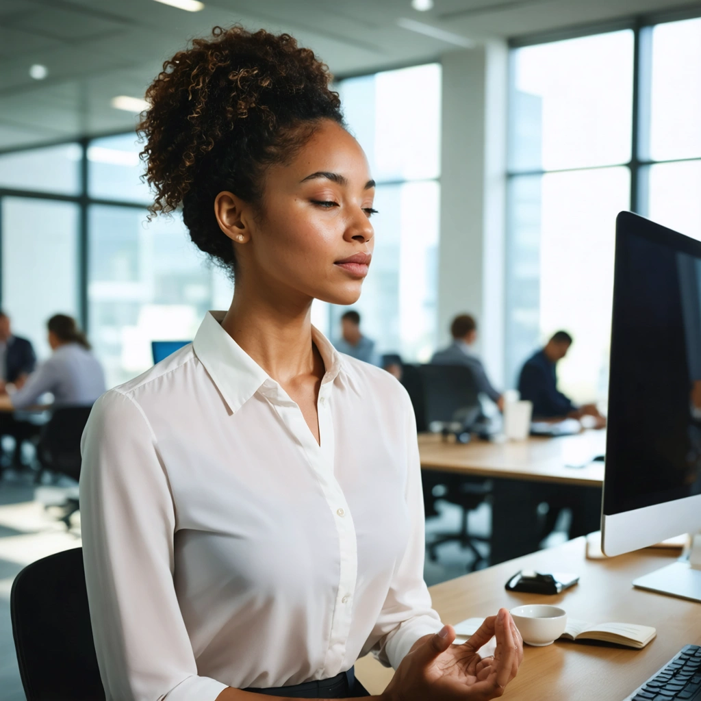 Une femme au bureau prend une pause de pleine conscience devant son ordinateur, dans un open space lumineux, pour réduire son stress et retrouver sa concentration.