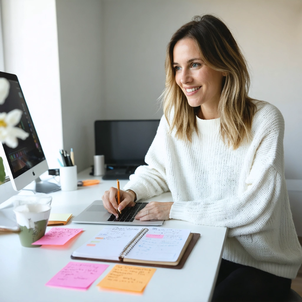 Une femme souriante organise sa semaine à un bureau avec un agenda, un ordinateur portable, des notes et une tasse de cafe dans une ambiance calme et lumineuse.
