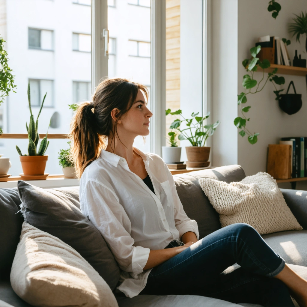 Une femme détendue dans un salon minimaliste et lumineux, avec peu d'objets, une ambiance calme et un intérieur rangé qui évoquent l'apaisement mental.