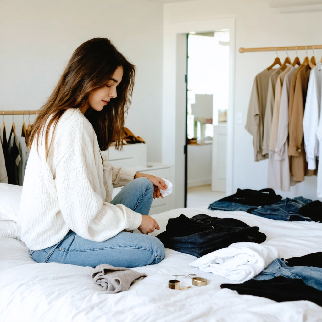 Une femme trie et organise des vetements dans une chambre lumineuse pour adopter une mode plus responsable sans se ruiner.
