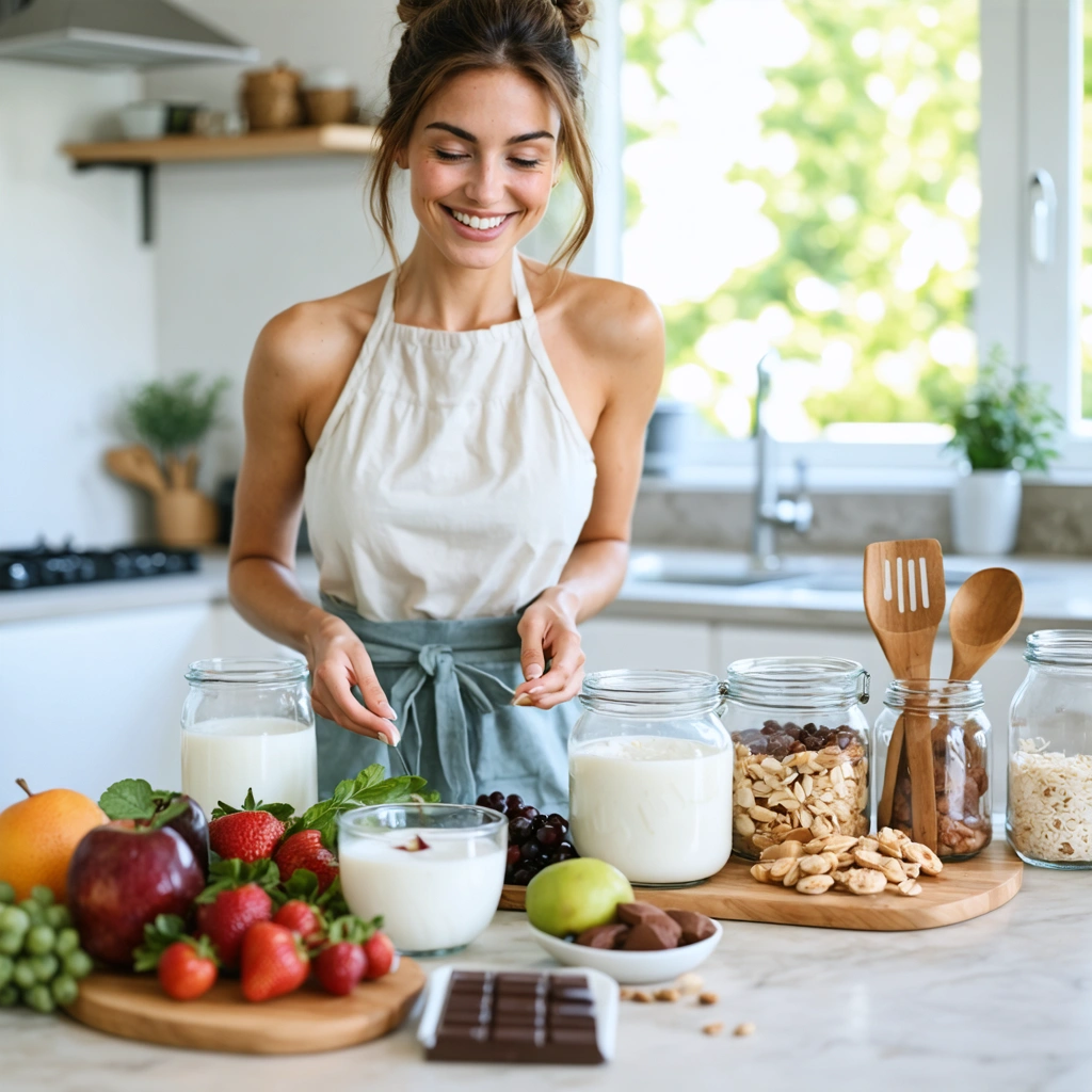Une femme souriante dans une cuisine lumineuse prépare un petit-déjeuner pauvre en sucre avec des fruits, du yaourt nature, des flocons d’avoine et des noix, tandis que des produits sucrés sont mis de côté.