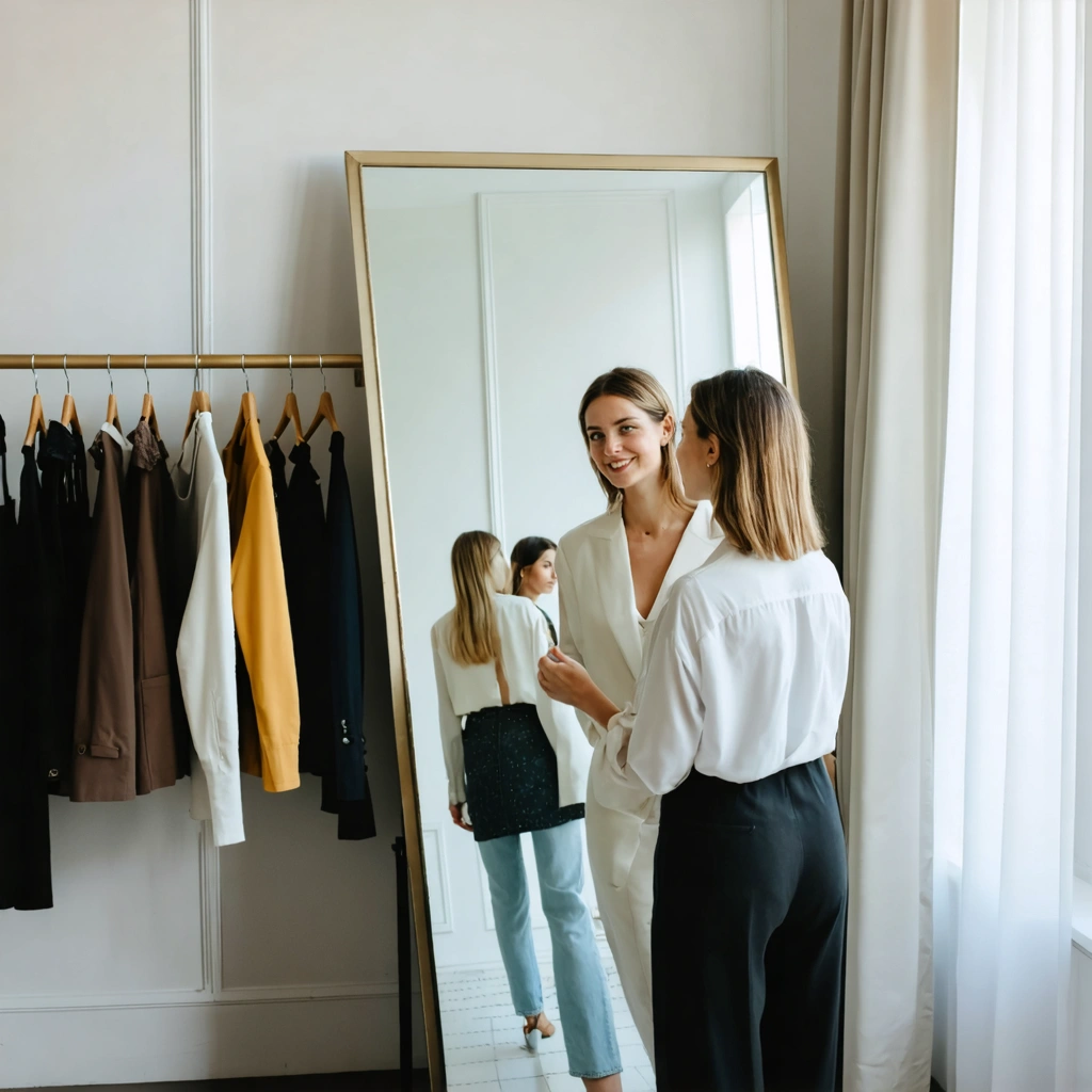 Dans un dressing lumineux, une femme souriante aide une autre personne devant un miroir à choisir des vêtements adaptés à sa silhouette, avec plusieurs tenues suspendues sur un portant.