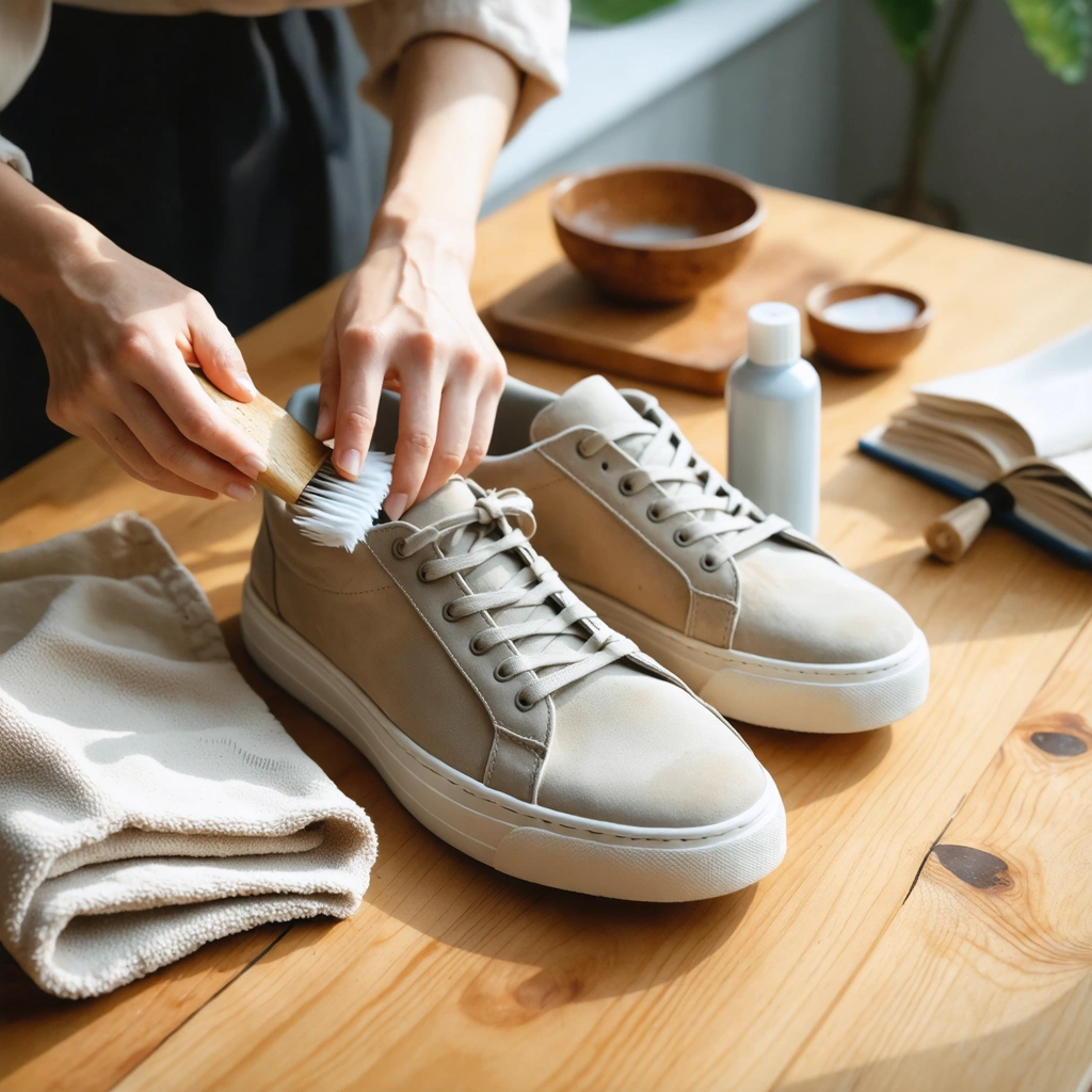 Une femme nettoie délicatement des baskets en daim beige avec une brosse spéciale sur une table, entourée de produits d’entretien adaptés.