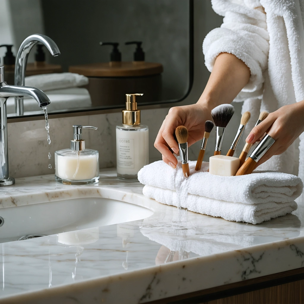 Des pinceaux de maquillage en cours de nettoyage à la main avec du savon doux sur un lavabo, posés ensuite sur une serviette propre pour sécher