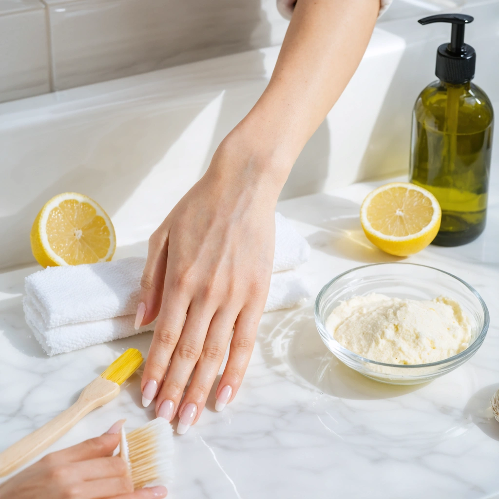 Gros plan réaliste de mains féminines avec des ongles légèrement jaunis après le retrait du vernis, à côté d’un bol de soin au citron et bicarbonate, d’une brosse douce et d’une huile nourrissante.
