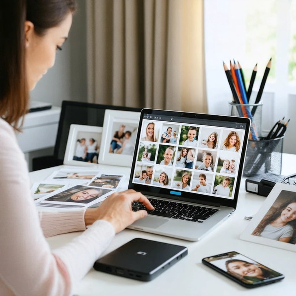 Une femme organise ses photos numeriques sur un ordinateur portable avec un smartphone et un disque dur externe poses sur un bureau bien range