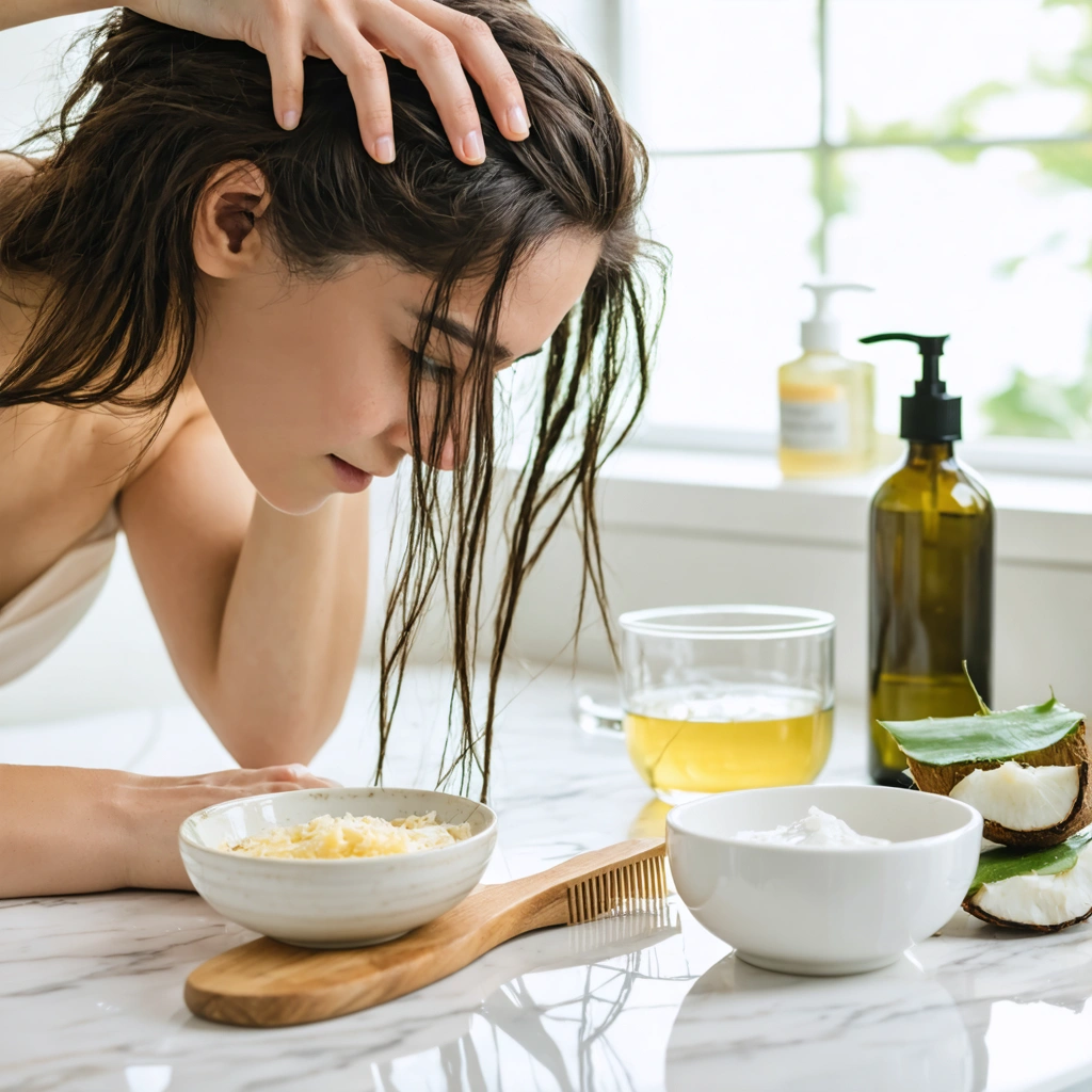 Femme appliquant un soin naturel sur son cuir chevelu dans une salle de bain, avec de l'huile, de l'aloe vera et du vinaigre de cidre posés à côté