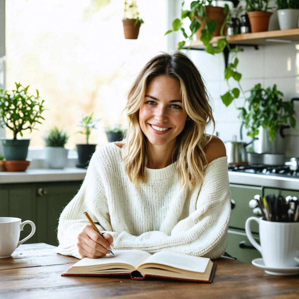 Une femme souriante écrit dans un carnet à une table de cuisine lumineuse, avec une tasse de café et des plantes, dans une ambiance calme et positive.