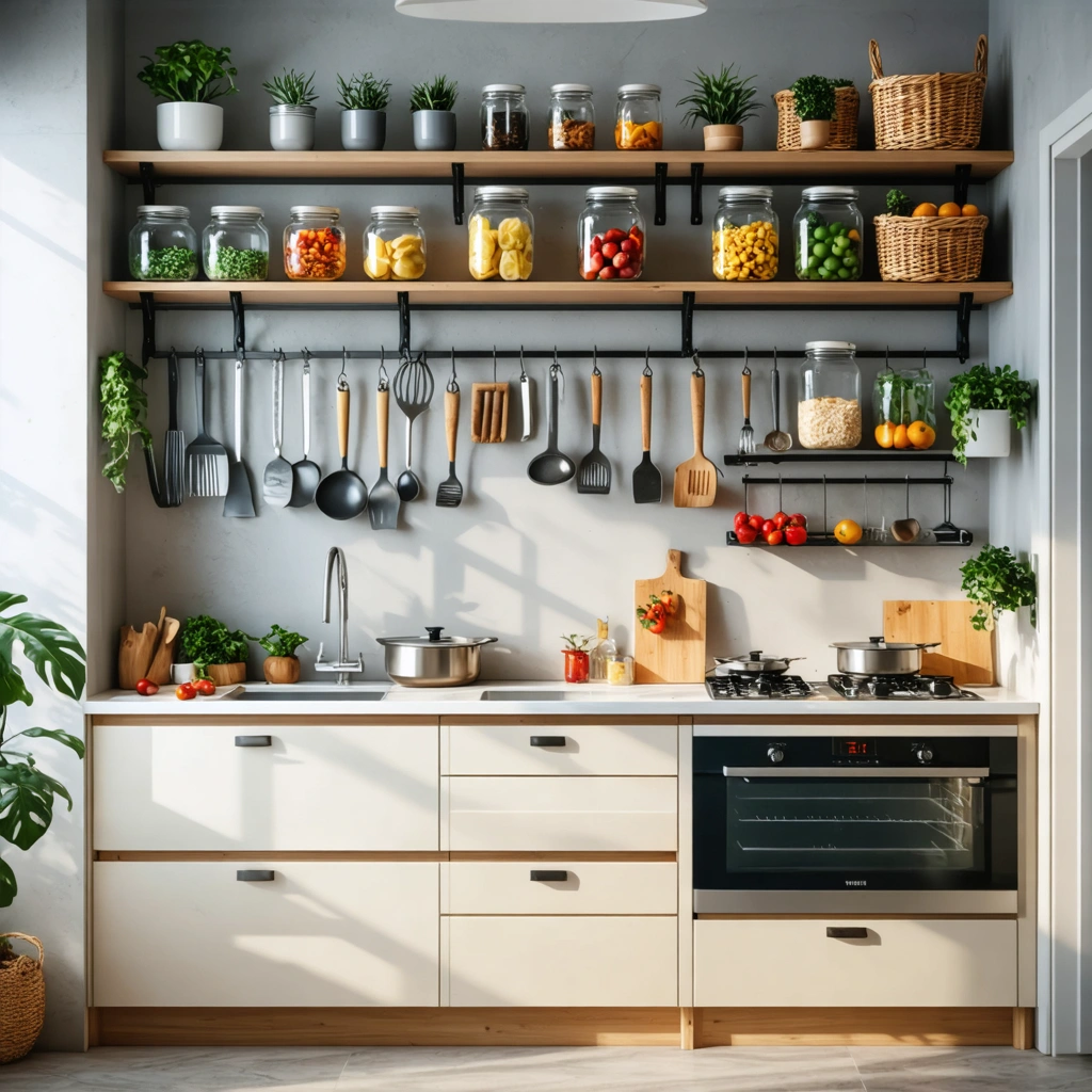 Petite cuisine moderne et bien rangee avec etageres murales, ustensiles suspendus, bocaux alignes et plan de travail degage