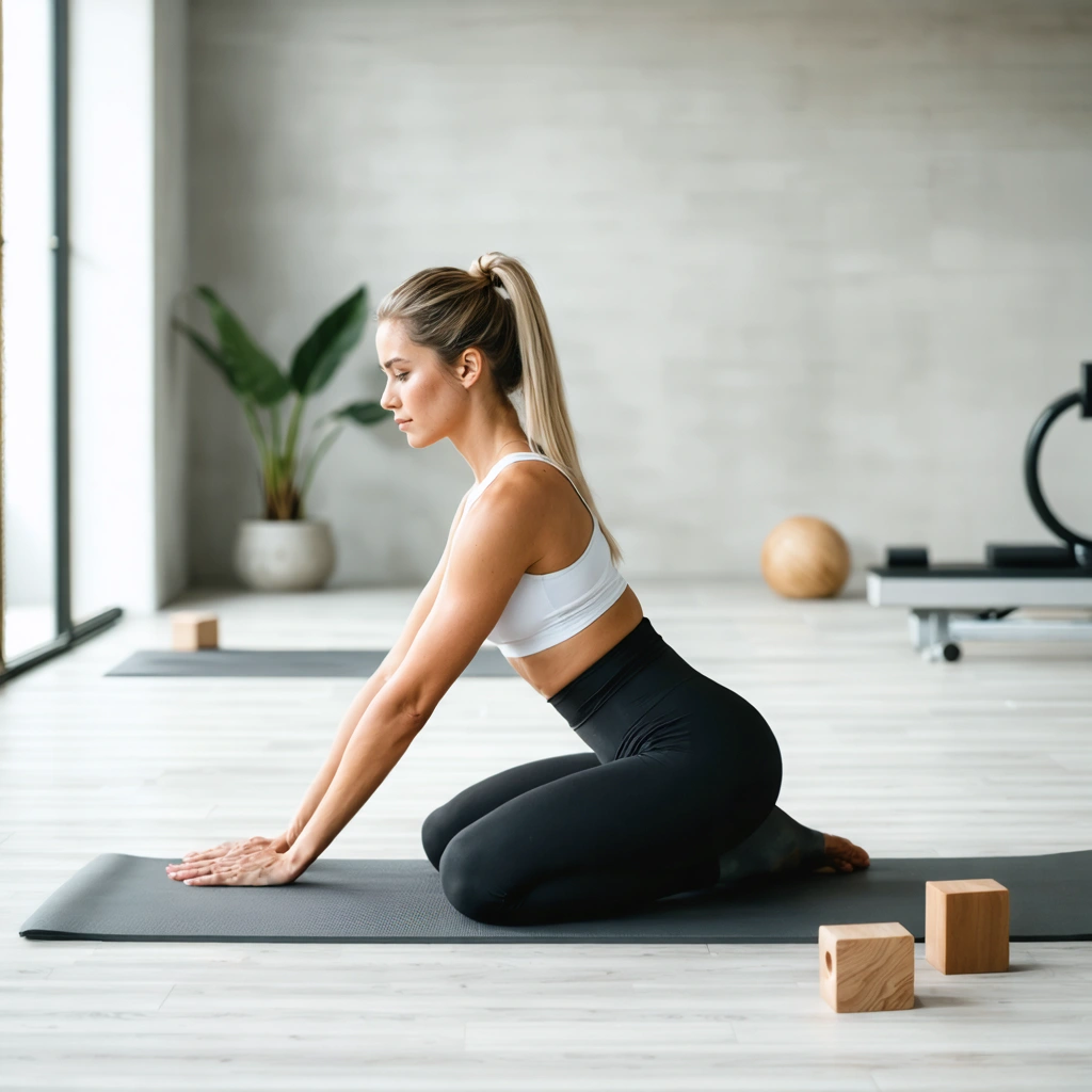 Une femme réalise un exercice de pilates sur un tapis dans un studio lumineux, illustrant la souplesse, la posture et le contrôle du mouvement.