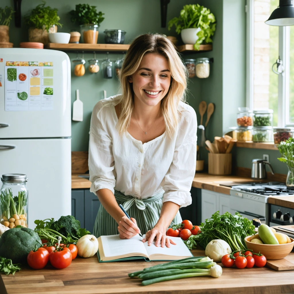 Une femme souriante planifie les menus de la semaine dans une cuisine chaleureuse, avec un carnet, une liste de courses, des legumes frais et des plats maison.