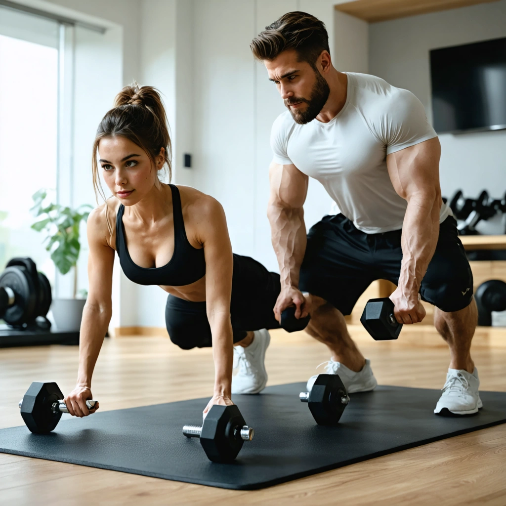 Deux personnes dans un espace de sport lumineux a domicile, l une fait une pompe au poids du corps sur un tapis tandis que l autre realise un squat avec des halteres.