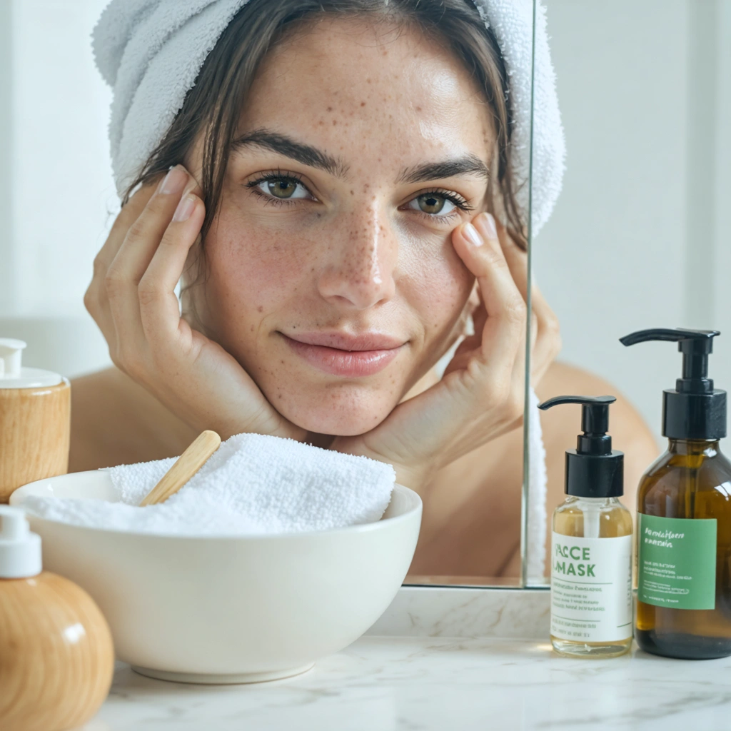 Femme observant doucement les points noirs sur son nez devant un miroir, avec des soins naturels comme de l’argile, du miel et de l’aloe vera posés sur un lavabo.