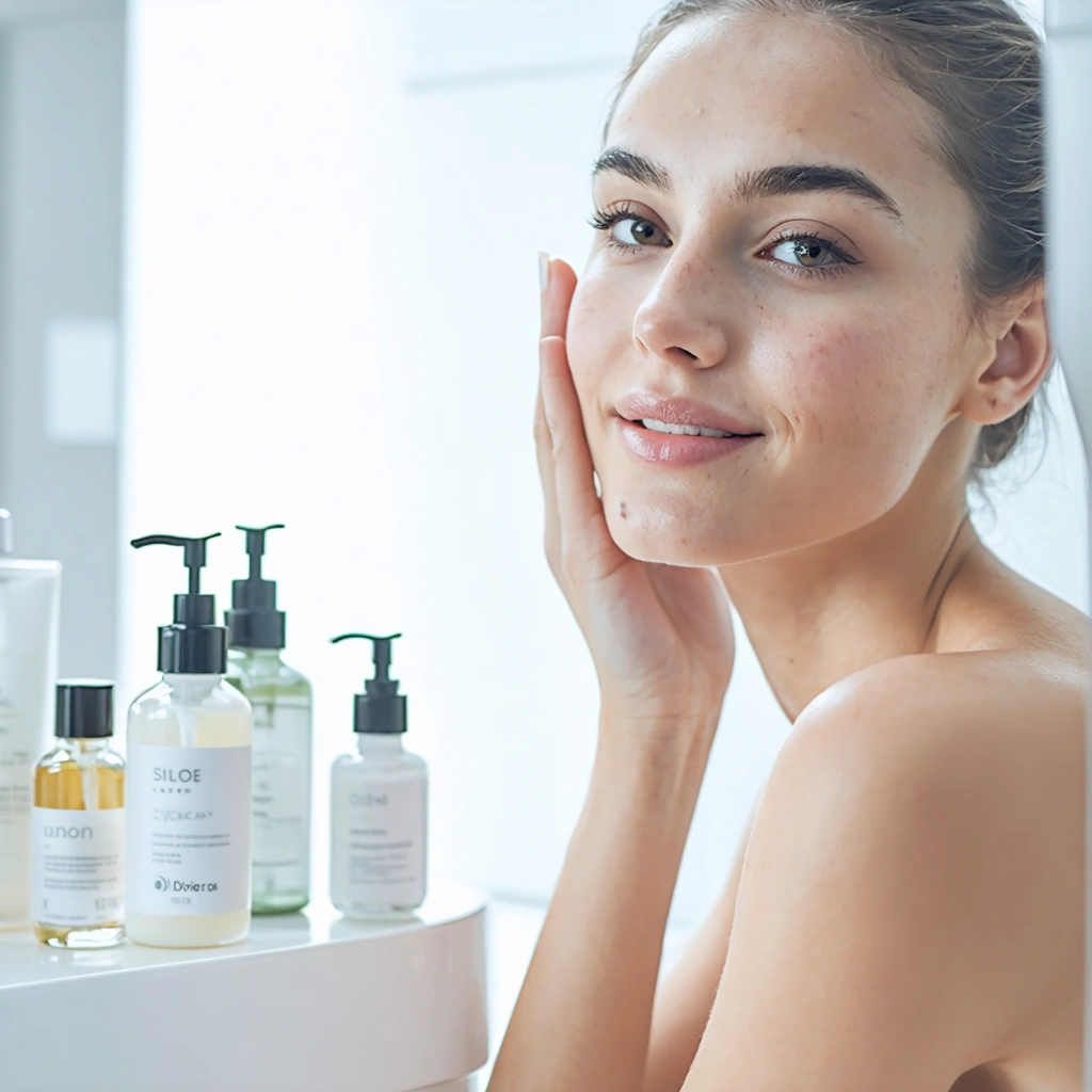 Femme observant dans un miroir la texture lisse de sa peau du visage après une routine de soin contre l'apparence des pores dilatés