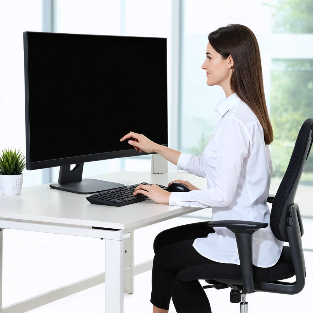 Une femme ajuste sa posture devant un écran au bureau avec le dos soutenu, les pieds à plat et l’écran placé à la bonne hauteur.