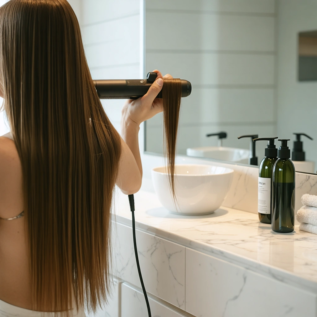 Une femme applique un soin protecteur puis utilise un lisseur sur des cheveux secs et brillants dans une salle de bain lumineuse.