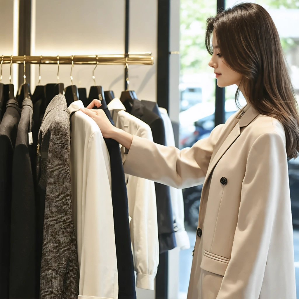 Une femme examine attentivement la matière et les coutures d'un vêtement dans une boutique de mode pour vérifier sa qualité avant achat.