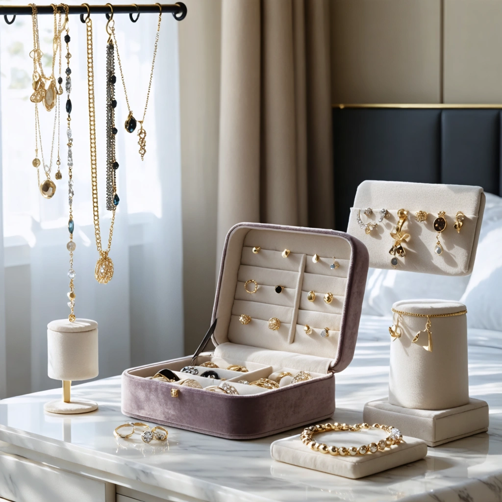 Des bijoux soigneusement ranges sur des supports distincts, avec colliers suspendus, bagues dans une boite compartimentee et boucles d oreilles appariees dans un coin dressing lumineux.
