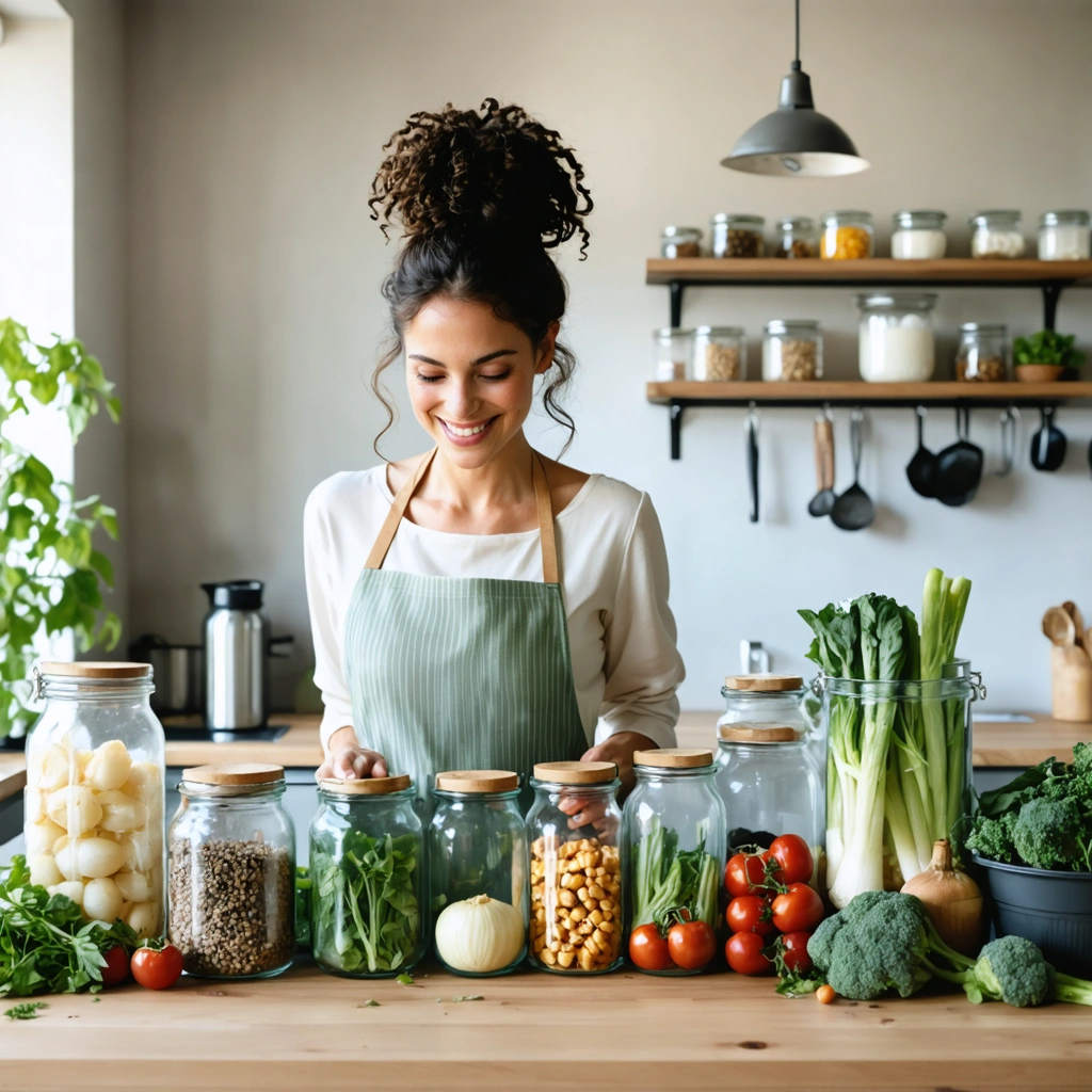 Une femme souriante dans une cuisine organise des bocaux en verre, des sacs reutilisables, des legumes sans emballage et une gourde, avec un composteur visible, pour illustrer la reduction des dechets au quotidien.
