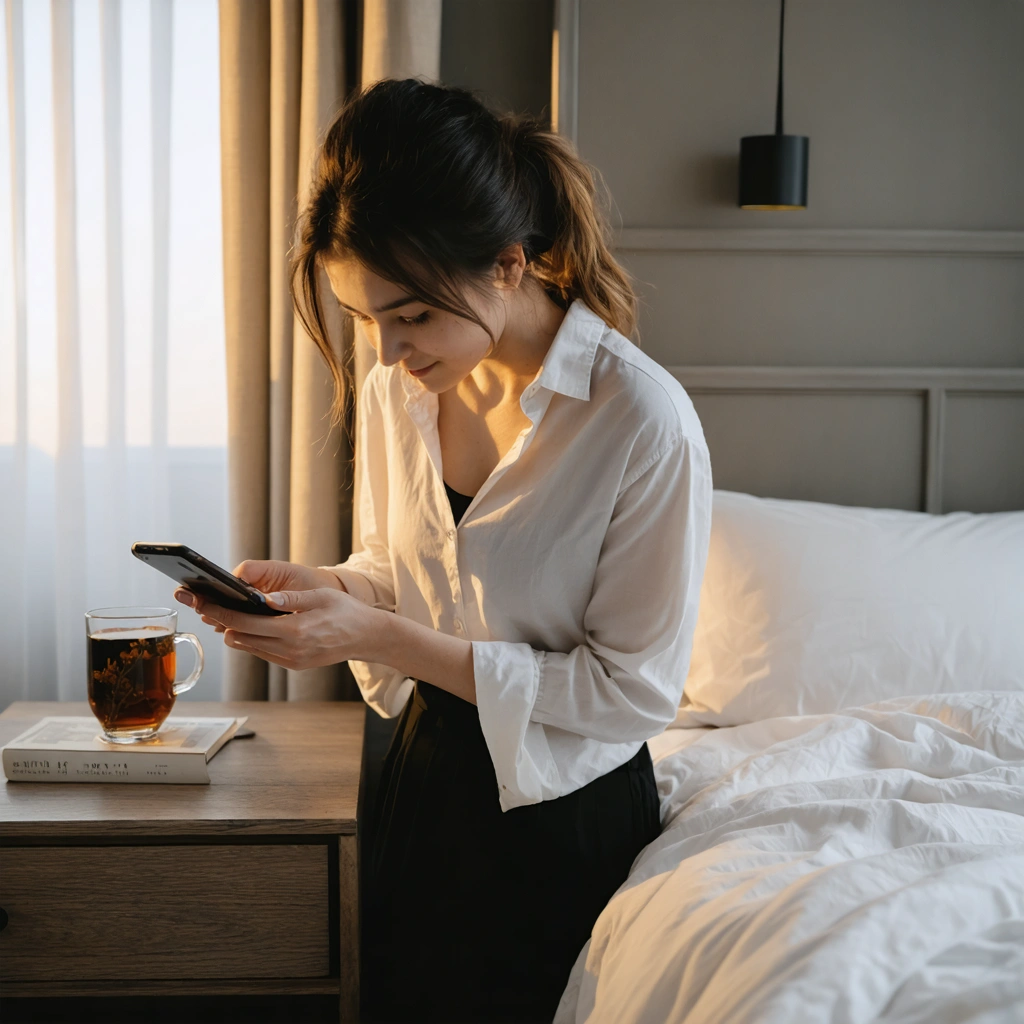 Une femme pose son telephone loin du lit dans une chambre cosy et tamisee, avec un livre et une tisane a proximite, pour favoriser une soiree sans ecran et un sommeil paisible.