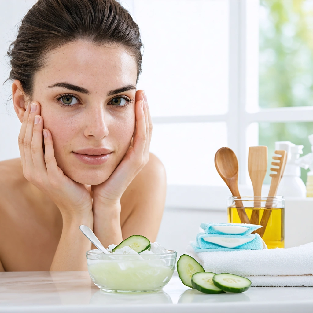 Femme appliquant un soin naturel sous les yeux dans une salle de bain lumineuse, avec concombre, cuilleres froides et aloe vera pour atténuer les cernes sombres.