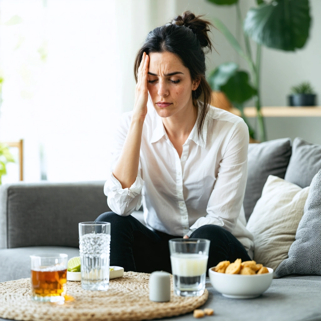 Une femme assise dans un salon calme applique une compresse froide sur son front, avec un verre d'eau et une tisane à proximité pour soulager naturellement un léger mal de tête.
