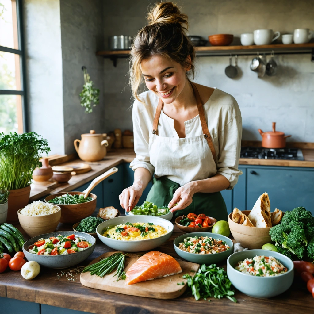 Une femme souriante prépare un repas du soir sain et rapide dans une cuisine chaleureuse, avec des légumes frais, un bowl, une soupe, des wraps et du saumon rôti visibles sur le plan de travail.