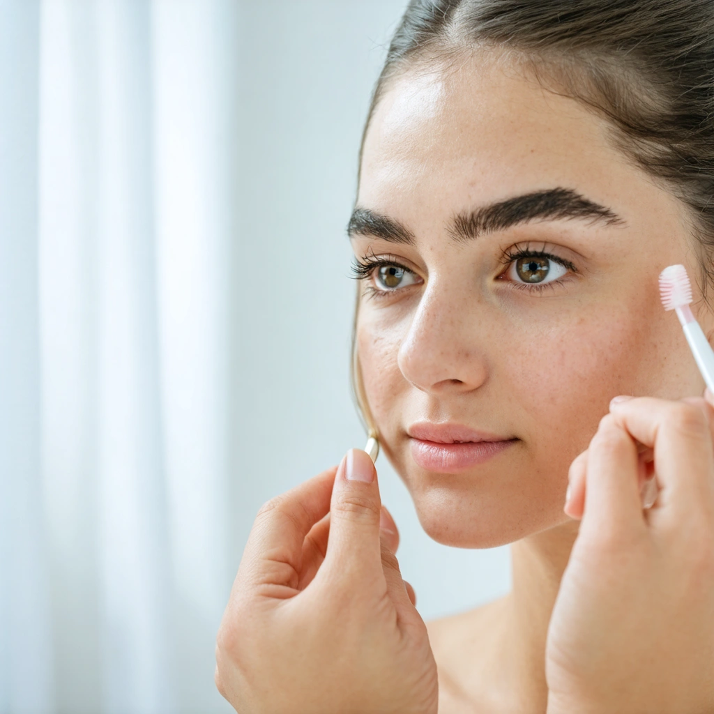 Une femme brosse doucement ses sourcils devant un miroir dans une salle de bain lumineuse, illustrant une routine naturelle pour favoriser leur repousse.