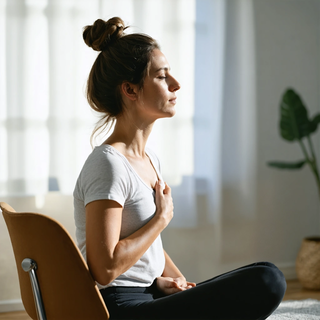 Une femme assise chez elle pratique une respiration calme avec une main sur la poitrine et une main sur le ventre pour apaiser son stress et son rythme cardiaque.