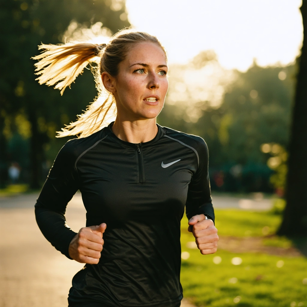 Une femme en tenue de sport court dans un parc tout en contrôlant sa respiration pendant l'effort, avec une expression concentrée et une posture dynamique.