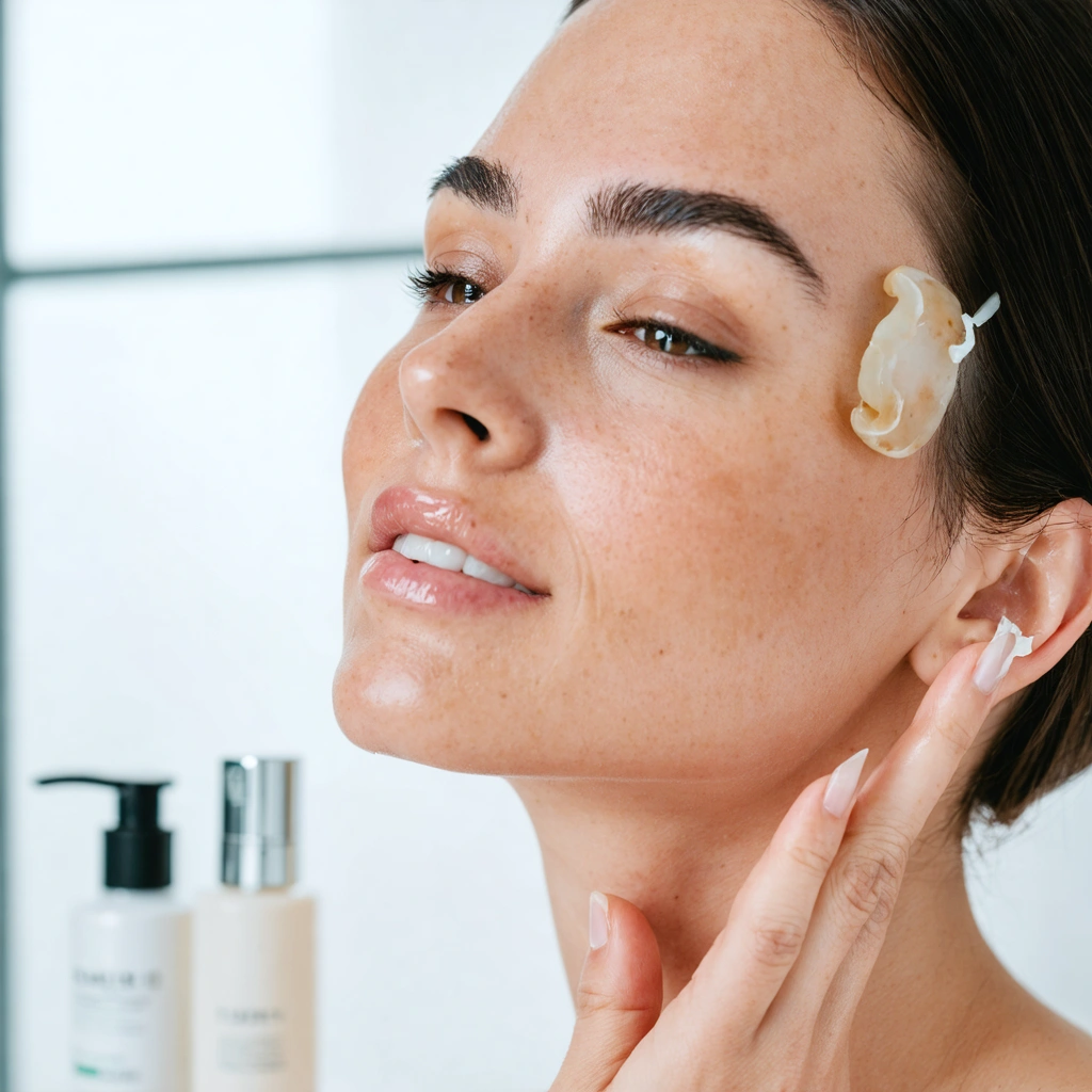 Femme utilisant un roller en jade sur sa joue dans une salle de bain lumineuse pour masser son visage et raviver l’eclat de sa peau