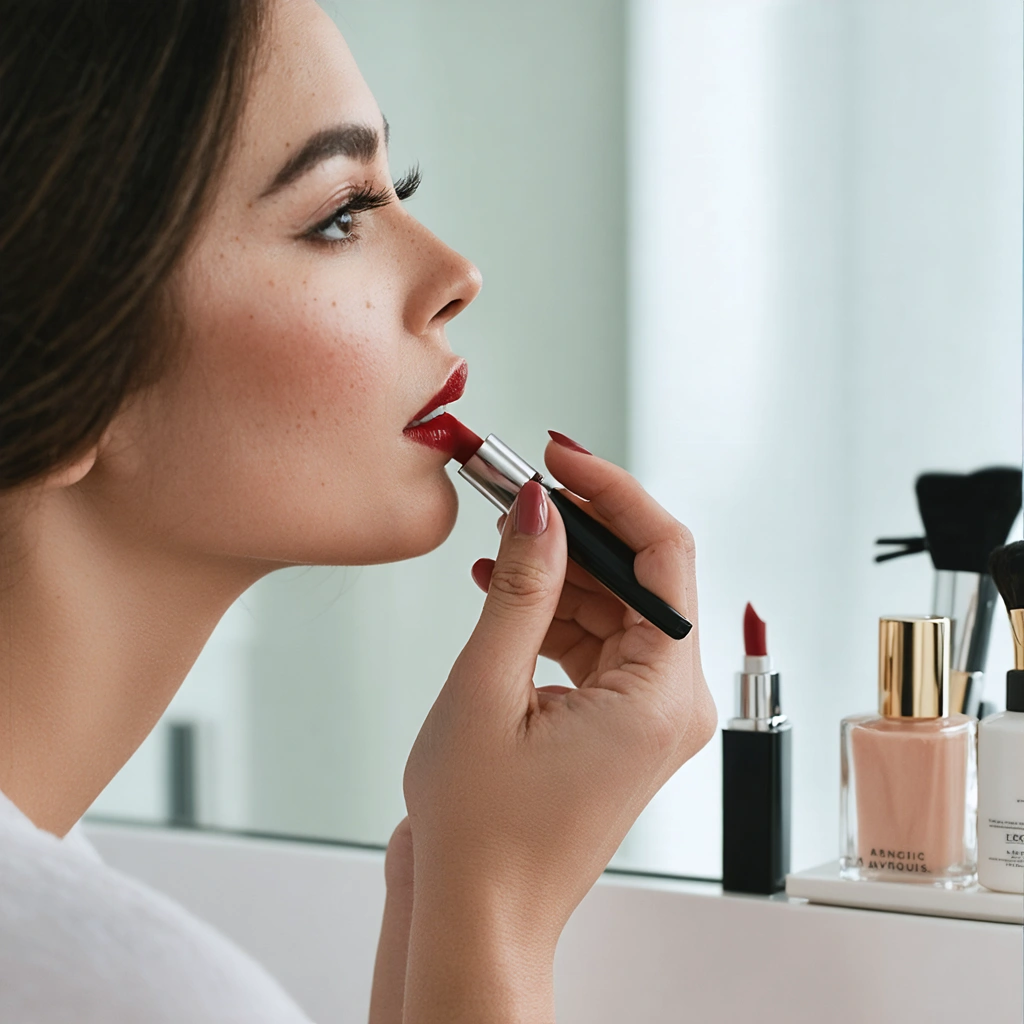 Gros plan réaliste d’une femme appliquant un rouge à lèvres rouge avec précision devant un miroir pour une tenue longue durée
