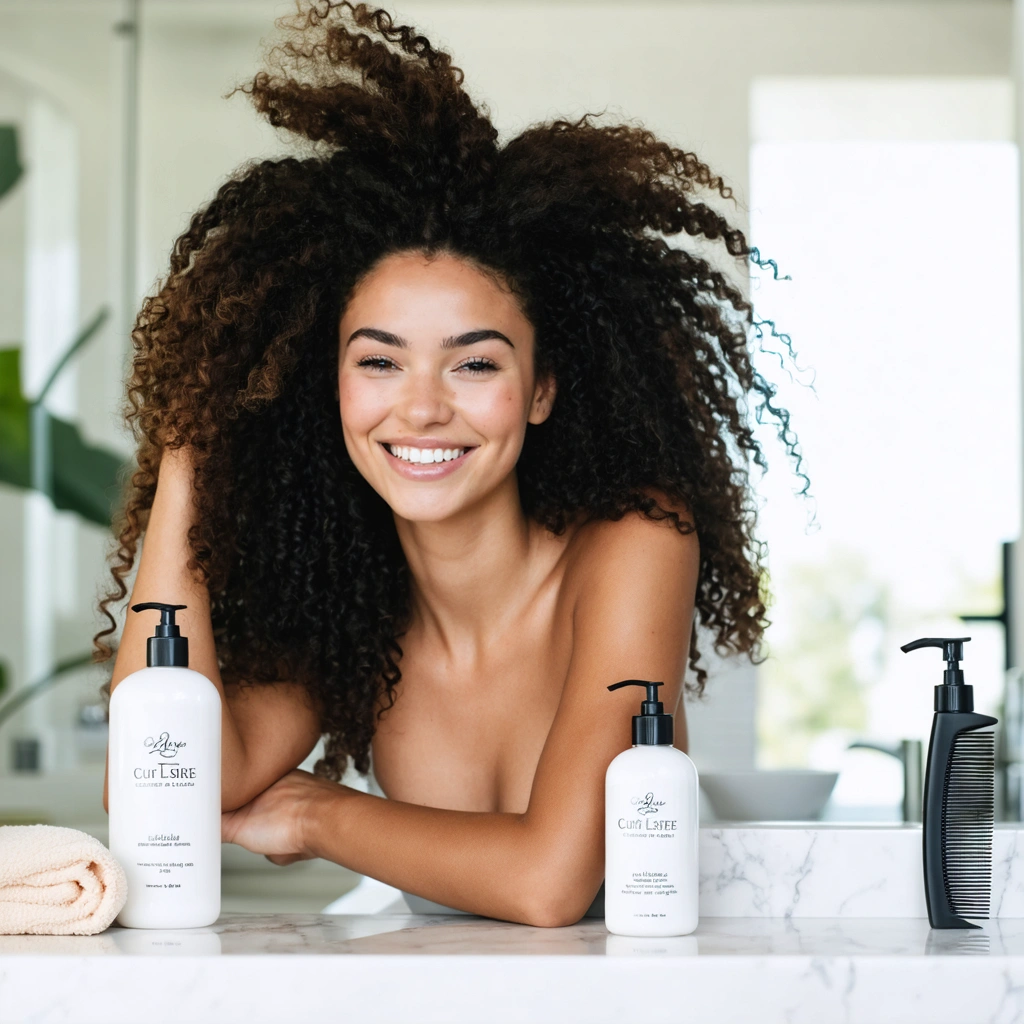Femme souriante dans une salle de bain lumineuse appliquant un soin léger sur ses cheveux bouclés et secs, avec des boucles définies, souples et brillantes.