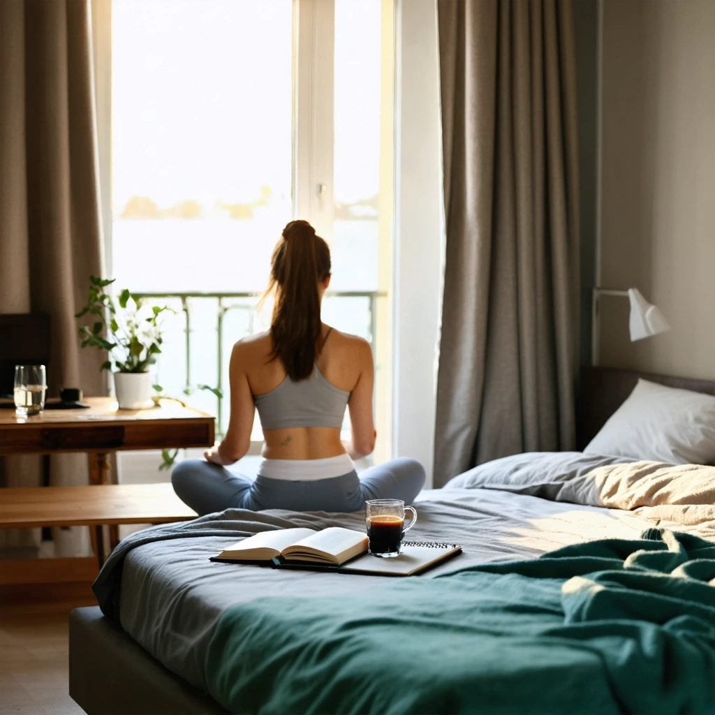 Une femme commence une routine matinale apaisante dans un intérieur lumineux, avec un verre d’eau, un carnet, une boisson chaude et une ambiance calme.