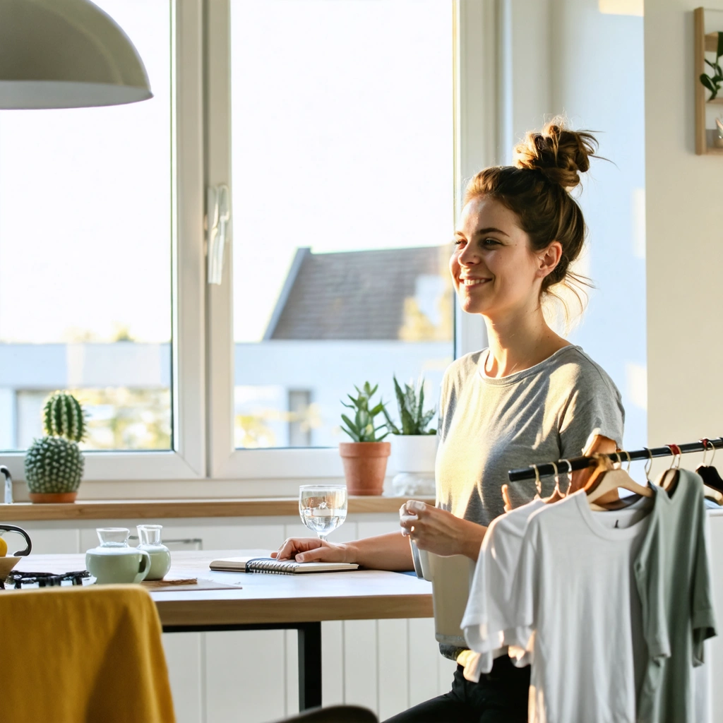 Une femme dans un intérieur lumineux le matin, avec un verre d'eau, un carnet de priorités et un petit-déjeuner simple, se prépare calmement pour une matinée productive avant 8 h.