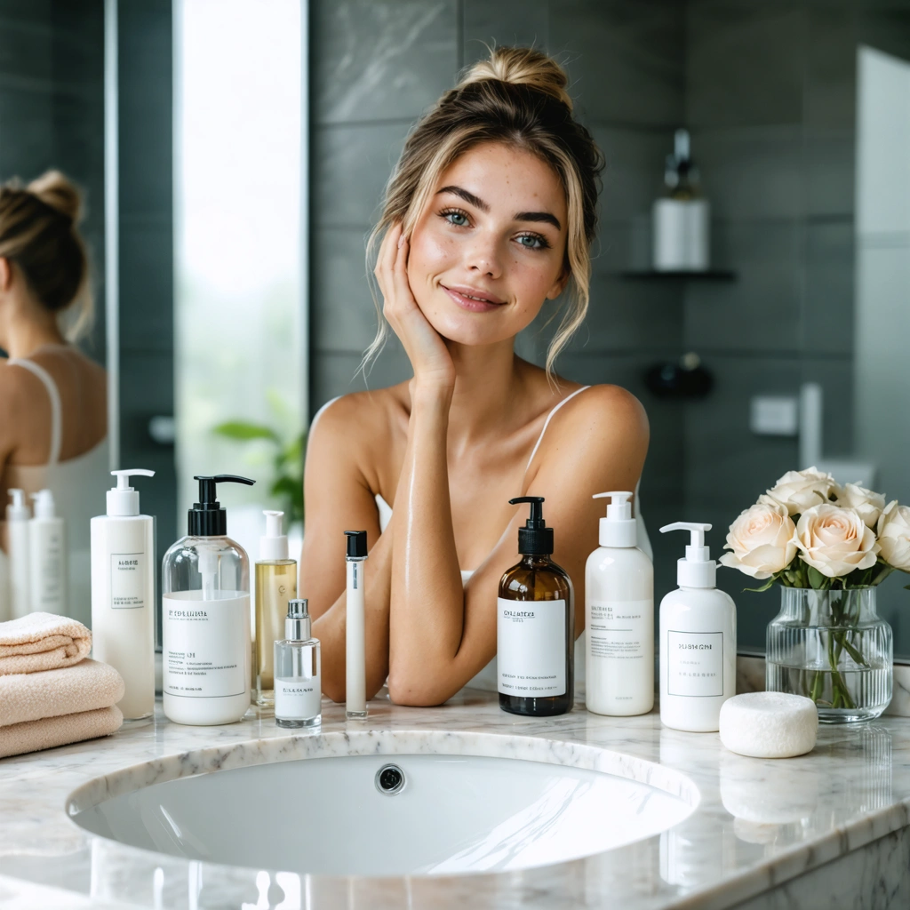 Une femme réalise sa routine skincare visage dans une salle de bain lumineuse, avec plusieurs produits de soin rangés dans l’ordre sur le lavabo.