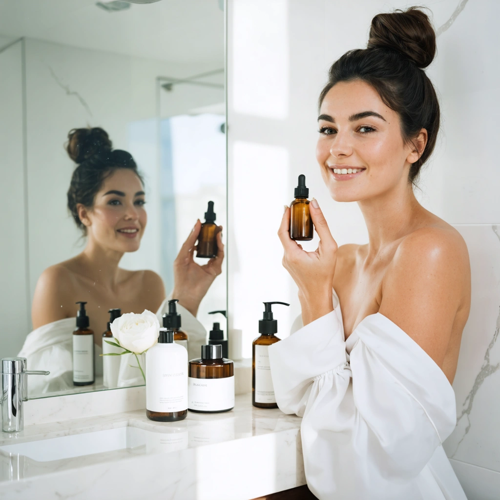 Une femme compare un flacon de serum et un pot de creme de jour dans une salle de bain lumineuse.