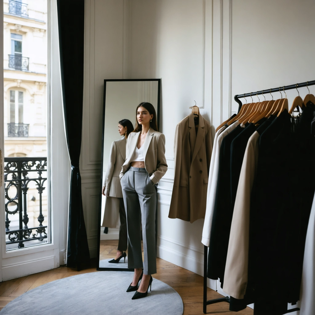 Une femme de petite taille essaie une tenue élégante devant un miroir, dans un dressing lumineux, avec des vêtements et accessoires mode autour d’elle.