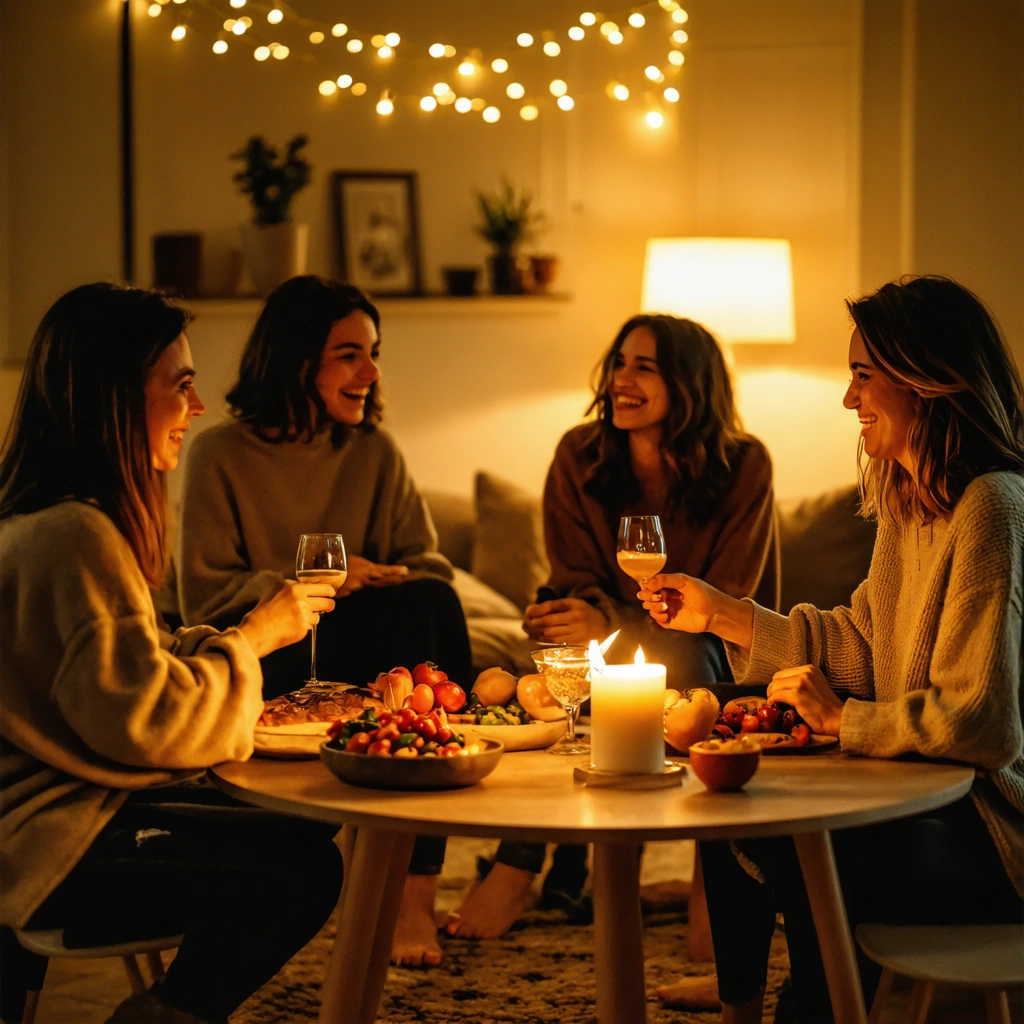 Un groupe d'amis passe une soirée conviviale dans un salon chaleureux, avec de la nourriture à partager, des boissons et une ambiance détendue.
