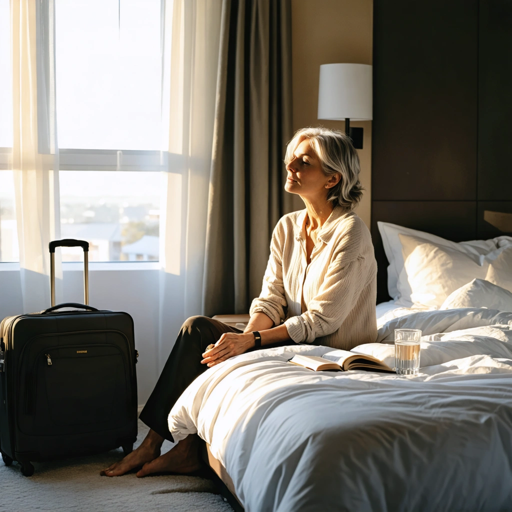 Une femme rentrée de voyage est assise sur le bord de son lit dans une chambre apaisante, avec une valise ouverte au sol et la lumière du matin qui entre par la fenêtre.