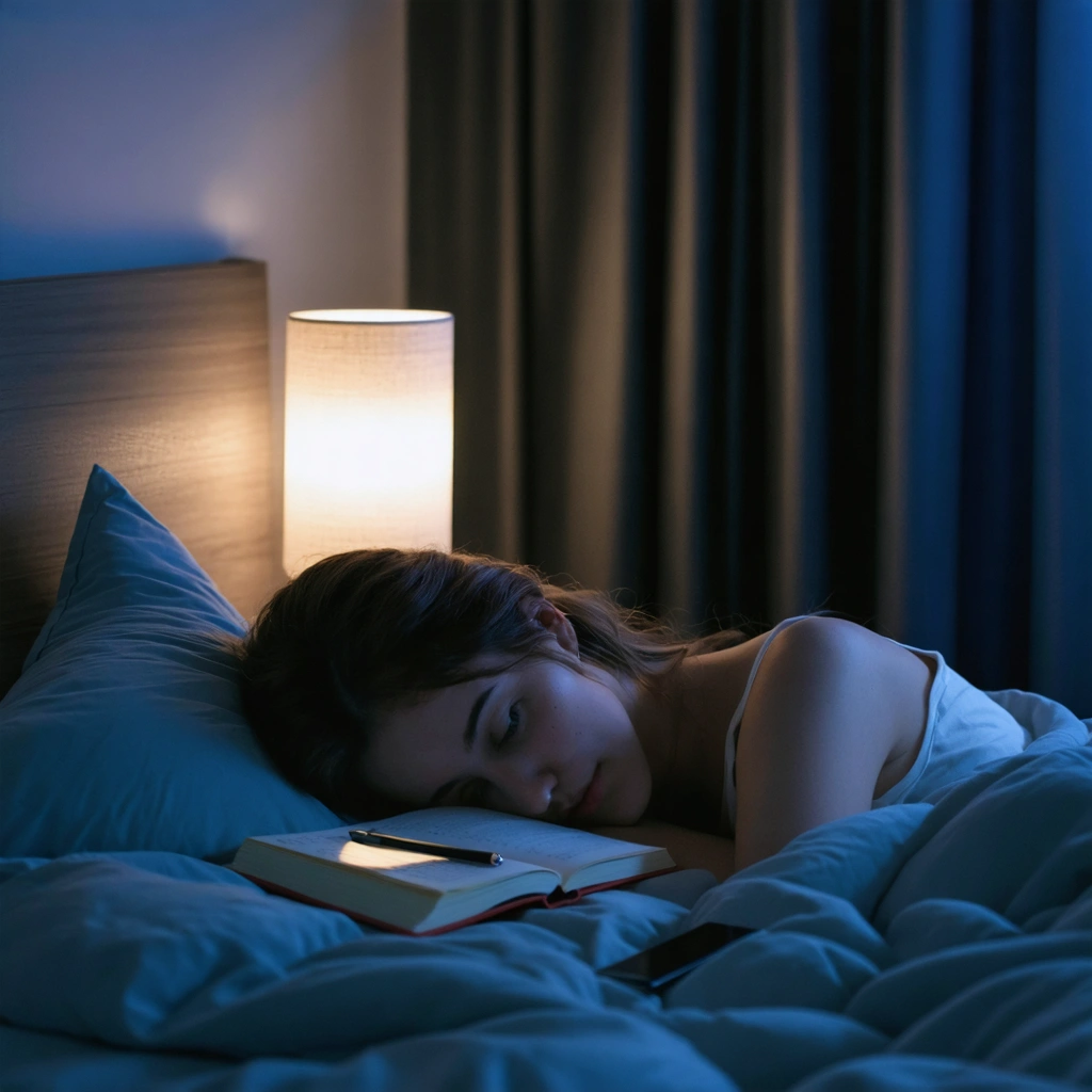 Une femme allongee dans un lit dans une chambre calme le soir, avec une lumiere douce, un carnet sur la table de chevet et un telephone retourne pour favoriser l endormissement